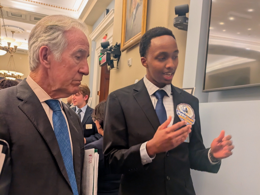 U.S. Rep. Richard E. Neal with STCC student Vincent Githiri.